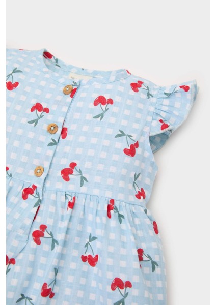 Kız Bebek Desenli Kısa Kollu Flamlı Poplin Elbise E0645A525SM