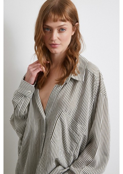 Yarasa Kol Çizgili Gömlek Haki fırsatları