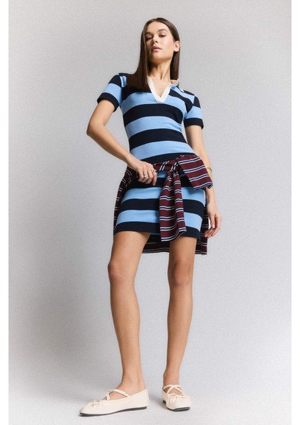 Bodycon Vücudu Saran Polo Yaka Çizgili Ribana Kısa Kollu Mini Elbise E5701AX25SP