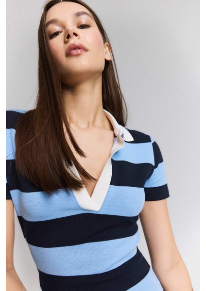 Bodycon Vücudu Saran Polo Yaka Çizgili Ribana Kısa Kollu Mini Elbise E5701AX25SP modelleri