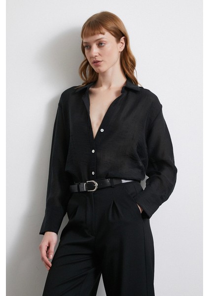 Transparan Saten Gömlek Siyah indirimleri