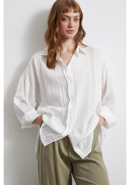 Dantel Detaylı Transparan Pamuklu Gömlek Beyaz