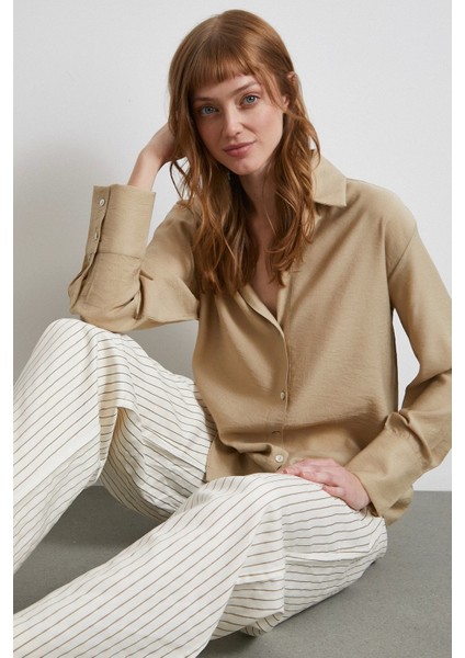 Kraşlı Saten Gömlek Bej