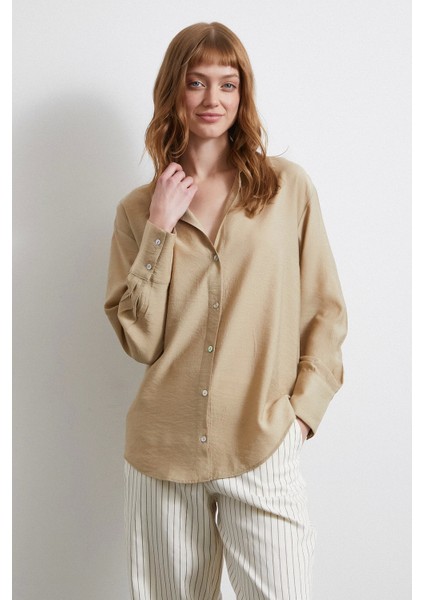 Kraşlı Saten Gömlek Bej modelleri