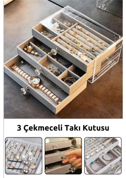 3 Çekmeceli Takı Bijuteri Mücevher Kutusu Organizer Düzenleyici Antrasit fiyatları
