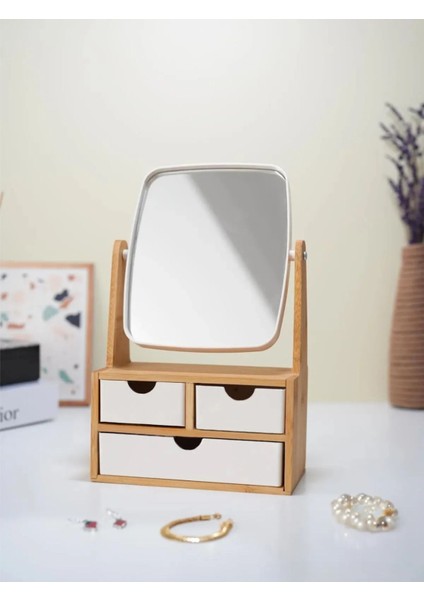 Aynalı Ve 3 Çekmeceli Bambu Makyaj Organizer