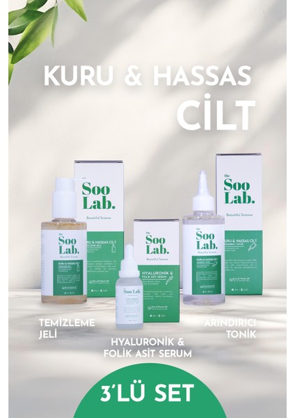 Kuru ve Hassas Ciltler İçin Temizleme Jeli, Tonik, Serum | Hyaluronic Acid, Panthenol, Centella