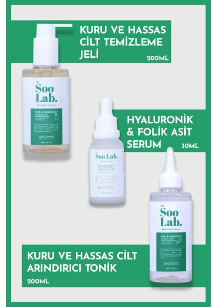 Kuru ve Hassas Ciltler İçin Temizleme Jeli, Tonik, Serum | Hyaluronic Acid, Panthenol, Centella fiyatları