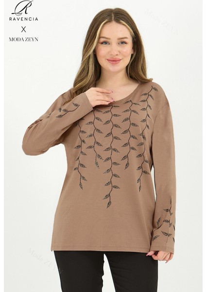 Kadın Orta Yaş ve Üzeri Viskon Yaprak Desen Taşlı Işlemeli Likralı Hardal Anne Penye Bluz