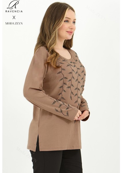 Kadın Orta Yaş ve Üzeri Viskon Yaprak Desen Taşlı Işlemeli Likralı Hardal Anne Penye Bluz fiyatları