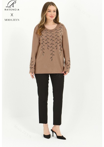 Kadın Orta Yaş ve Üzeri Viskon Yaprak Desen Taşlı Işlemeli Likralı Hardal Anne Penye Bluz modelleri