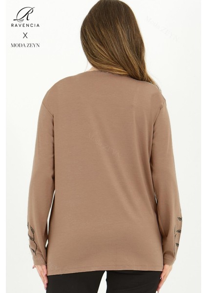 Kadın Orta Yaş ve Üzeri Viskon Yaprak Desen Taşlı Işlemeli Likralı Hardal Anne Penye Bluz fırsatları