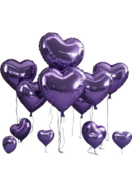 5 Adet Kalp Folyo Balon Mor Renk Uçan Balon 45 cm 18 Inç