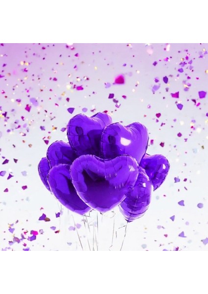 5 Adet Kalp Folyo Balon Mor Renk Uçan Balon 45 cm 18 Inç