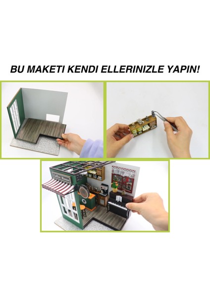 LED Işıklı Minyatür Kafe Maketi – Ahşap Kendin Yap Hobi Seti | Minyatür Ev Yapma Kiti - Kendin Yap