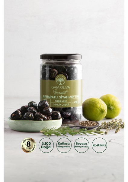 Baharatlı Doğal Siyah Zeytin, Yağlı Sele Gemlik Çeşidi, Net: 450 gr