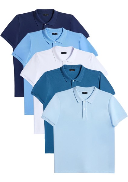 Erkek 5'li Paket Mavi Tonları Slim Fit Dar Kesim Pamuklu Düz Pike Polo Yaka Tişört