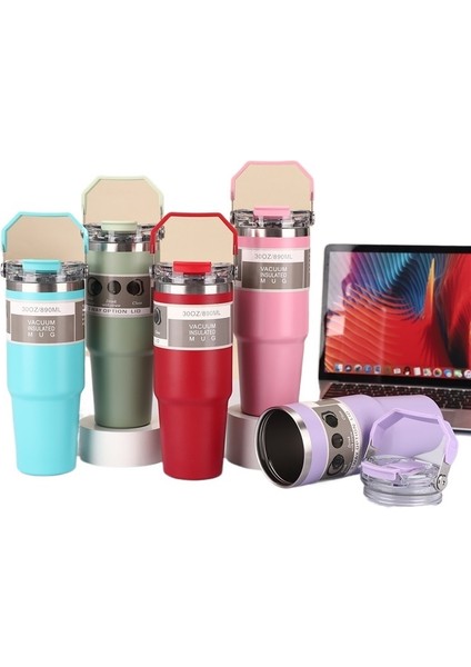 30OZ Taşınabilir Araba Bardağı 304 Paslanmaz Çelik Çift Katmanlı Vakumlu Yalıtım Bardağı Araba Taşınabilir Çift Pipetli Bardak (Yurt Dışından)