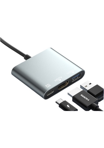 Type-C - HDMI Üçü Bir Arada Yerleştirme Istasyonu 4K Yüksek Çözünürlüklü Bilgisayar Projektör Adaptörü Hub Hub Pd Hızlı Şarj (Yurt Dışından)