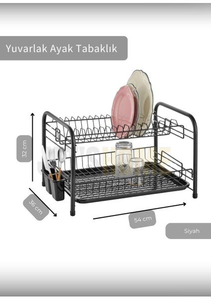 2 Katlı Bulaşıklık Tezgah Üstü Tabaklık Bpa Free Bulaşık Sepeti Yuvarlak ayak siyah