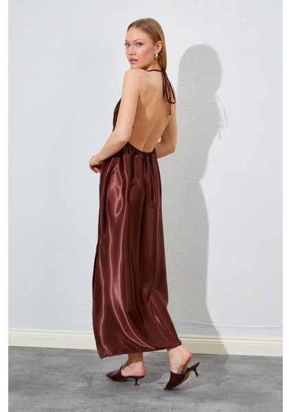 Kadın Kahve Degaje Yaka Saten Uzun Elbise indirimleri