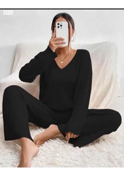 Pamuklu Kadın Pijama Takımı - Alt - Üst Pijama Takımı - Fitilli Kaşkorse Pijama Takımı