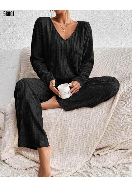 Pamuklu Kadın Pijama Takımı - Alt - Üst Pijama Takımı - Fitilli Kaşkorse Pijama Takımı