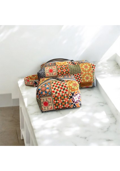 Desenli Makyaj Çantası Ve Seyahat Çantası - 2li Kozmetik Çanta Seti - Antares