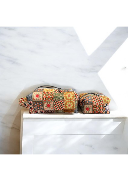 Desenli Makyaj Çantası Ve Seyahat Çantası - 2li Kozmetik Çanta Seti - Antares fiyatları