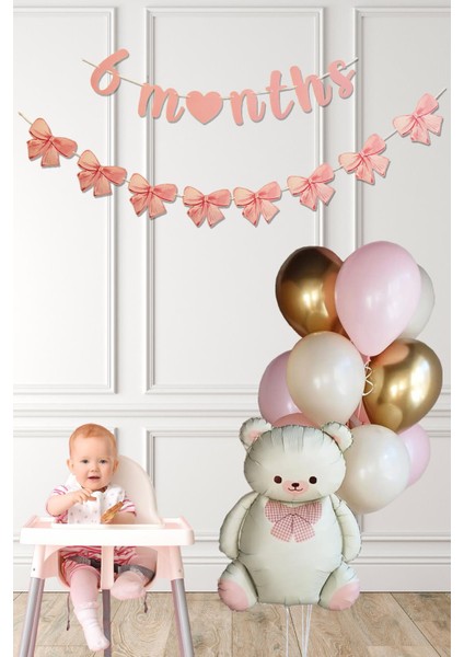 Pembe 6 Aylık Partisi Balon Seti Krem Retro Ayı Fiyonk Bannerlı Yarım Yaş Balon Seti