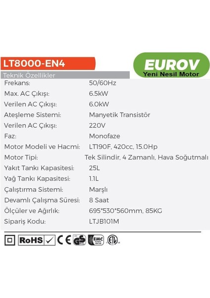 Lutian 6.5 Kw Euro V Motor Monofoze Benzinli Marşlı Jeneratör (LT8000EN-4) fiyatları