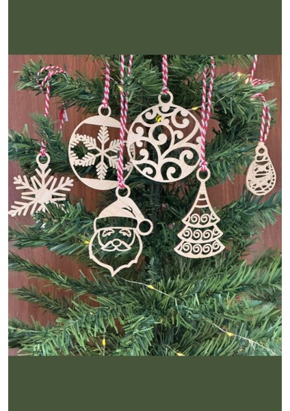 Yılbaşı Ağaç Süsü Kırmızı Beyaz Ipli Noel Baba ve Kar Tanesi Model Ahşap 6 Parça