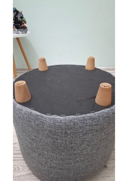 Ahşap Ayaklı Keten Kumaş Yuvarlak Puf&bench Koltuk/tabure