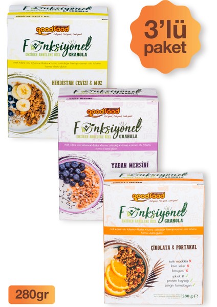 Emziren Annelere Özel Malt ve 7 Özel Bitki İçeren granola, 3'lu Deneme Paketi Yaban Mersinli,çikolata & Portakallı, Hindistan Cevizi & Muzlu, 3x280 gr