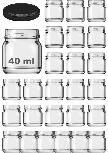 40 cc Kavanoz Metal Siyah Konserve Kapaklı 40 ml Şeffaf Küçük Numune Cam Kavanoz 25 Adet