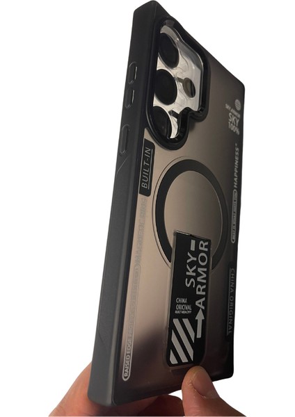 Sky Armor Kapak Galaxy S24 Ultra Kılıf Magsafe Şarj Özellikli Standlı – Lens Koruma +-Gri