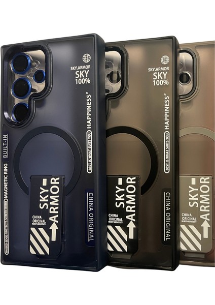 Sky Armor Kapak Galaxy S24 Ultra Kılıf Magsafe Şarj Özellikli Standlı – Lens Koruma +-Gri
