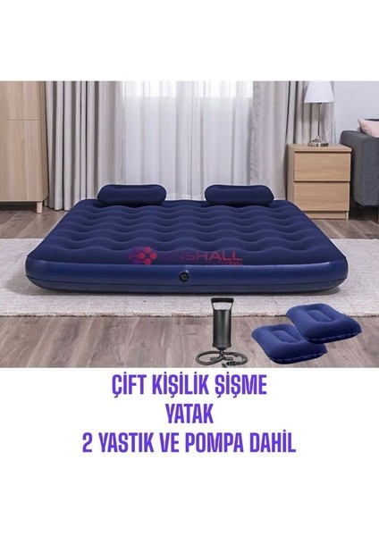 Çift Kişilik Şişme Yatak Set 2 Yastık+ Şişirme Pompası Hediyeli Sahil Kamp Yatağı