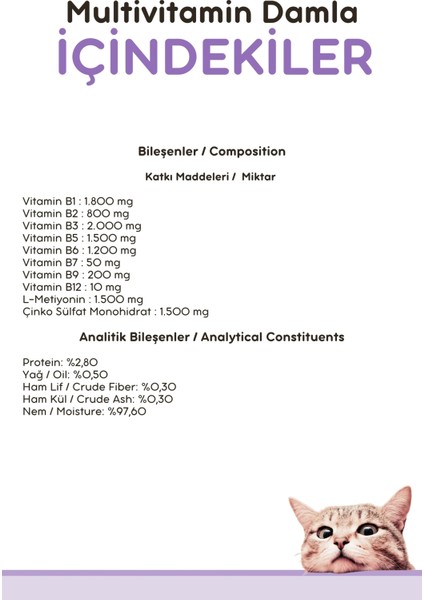B Complex Damla 50 ml Kediler Için Tüy Dökülmesi Engelleyici, Deri ve Tüy Sağlığı Biotin Damla, Kedi vitamini