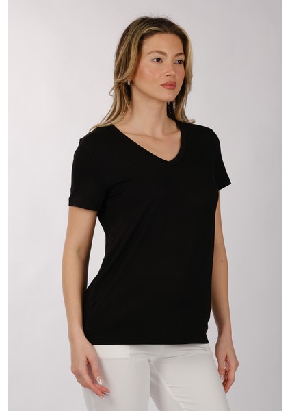 Daıdo Minimalist V Yaka Kısa Kol Kadın T-Shirt - Günlük Kullanım modelleri