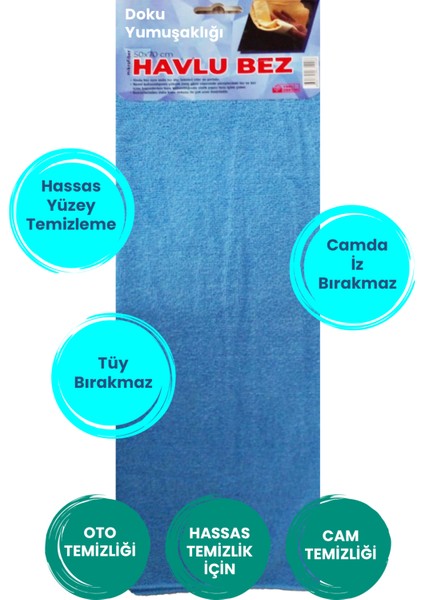 1 Adet Mavi Havlu Mikrofiber Leke Bırakmaz Araç Yıkama Kurulama Oto Cam Havlu Gsm 50X70CM Uyumlu