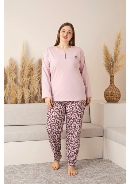 Uzun Kollu %100 Pamuk Büyük Beden Anne Pijama Takımı- Anne Özel Serisi