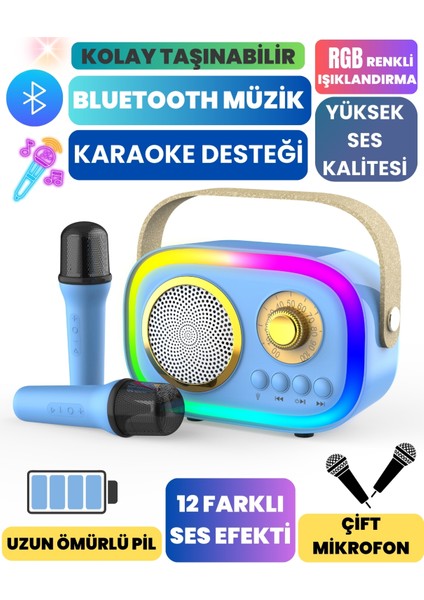 K5 2 Mikrofonlu Bluetooth Bağlantılı Karaoke Hoparlör 2025 Mavi