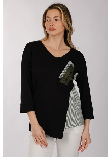 Oversize V Yaka 3/4 Kol Kadın Tişört - Minimalist Tasarım