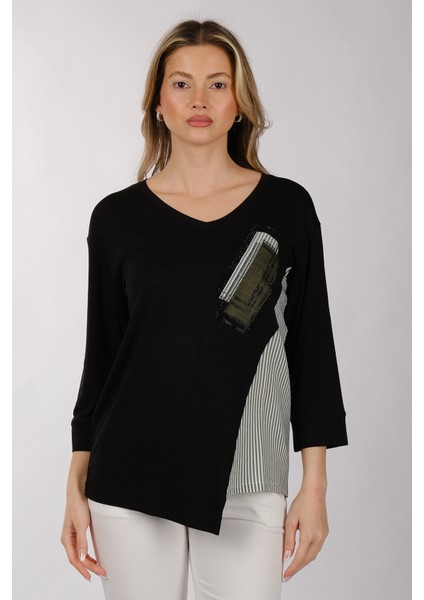 Oversize V Yaka 3/4 Kol Kadın Tişört - Minimalist Tasarım fiyatları