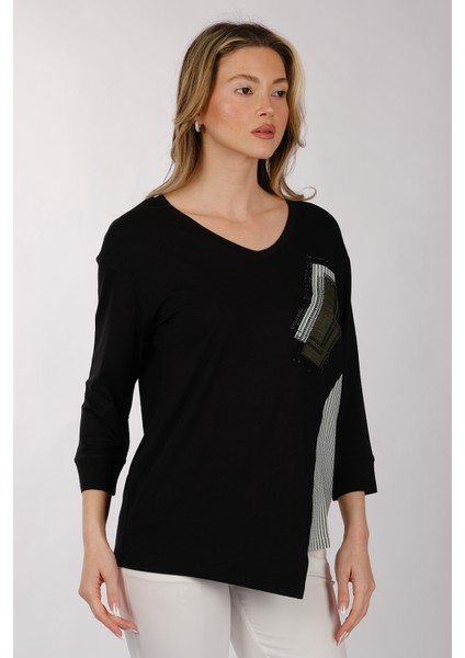 Oversize V Yaka 3/4 Kol Kadın Tişört - Minimalist Tasarım modelleri