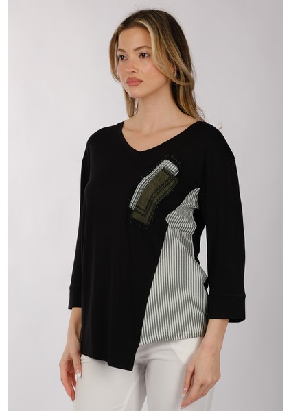 Oversize V Yaka 3/4 Kol Kadın Tişört - Minimalist Tasarım fırsatları