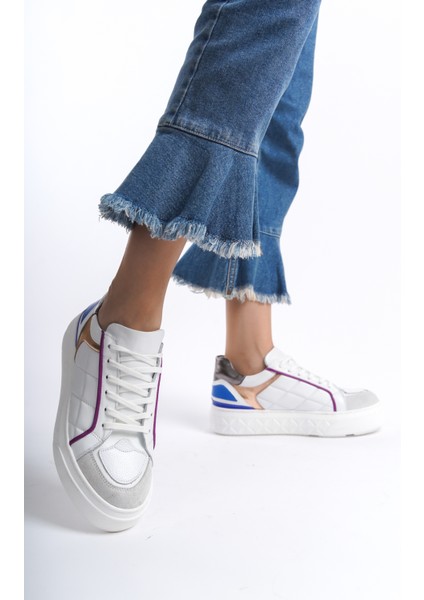 Dany Model Beyaz Hakiki Deri Bağcıklı Kalın Taban Kadın Spor Ayakkabı Sneaker