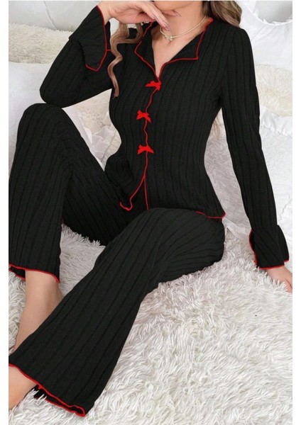 Pamuklu Kırmızı Fiyonk Detaylı Mevsimlik Pijama Takımı fiyatları