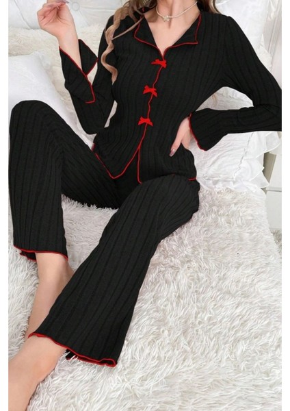 Pamuklu Kırmızı Fiyonk Detaylı Mevsimlik Pijama Takımı modelleri